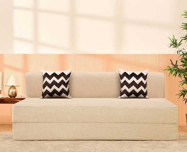 Jute Sofa Bed, Beige | 5 x 6, Three Seater | 2 Beige Zigzag Cushions