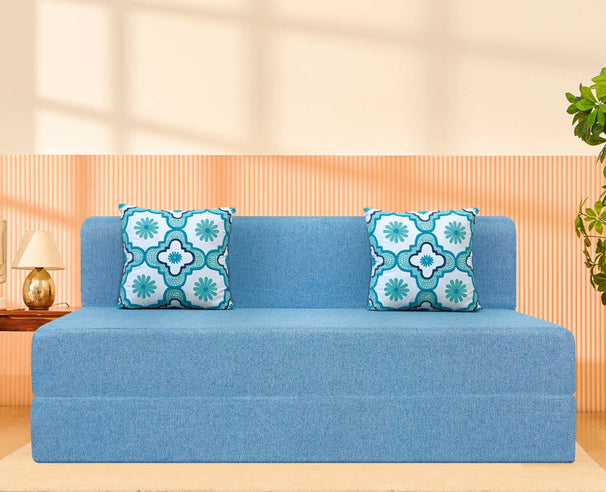 Jute Sofa Bed, Aqua Blue | 5 x 6, Three Seater | 2 Blue Quartet Cushions