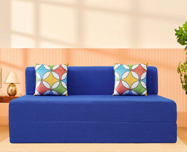 Jute Sofa Bed, Berry Blue | 5 x 6, Three Seater | 2 Jharokha Cushion