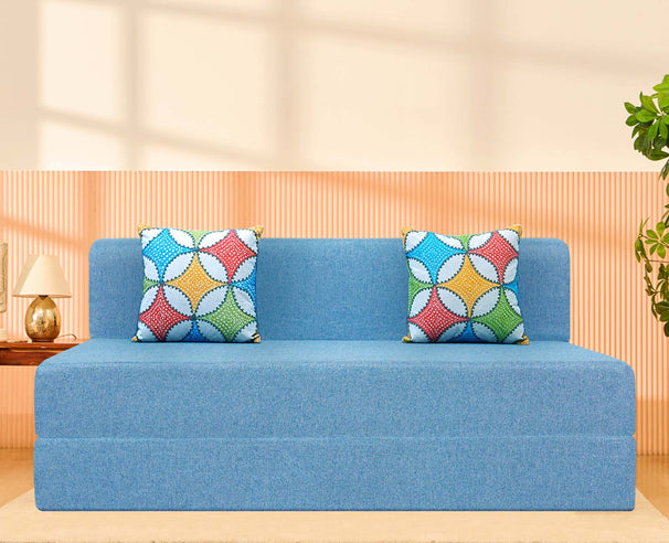 Jute Sofa Bed, Aqua Blue | 5 x 6, Three Seater | 2 Jharokha Cushion