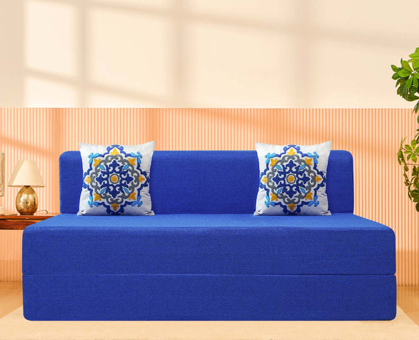 Jute Sofa Bed, Berry Blue | 5 x 6, Three Seater | 2 Blue Medallion Cushions