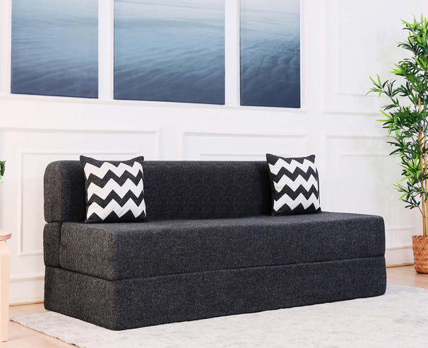 Jute Sofa Bed, Dark Grey | 5 x 6.5, Three Seater | 2 ZigZag Cushions