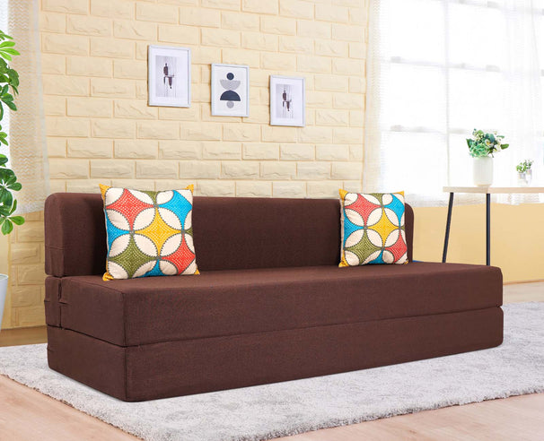 Jute Sofa Bed, Malt Brown | 5 x 6.5, Three Seater | 2 Jharokha Cushions