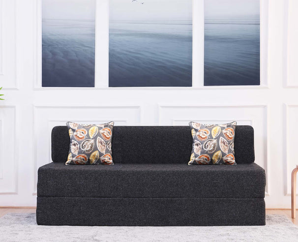 Jute Sofa Bed, Dark Grey | 5 x 6.5, Three Seater | 2 Fallen Leaves Cushions