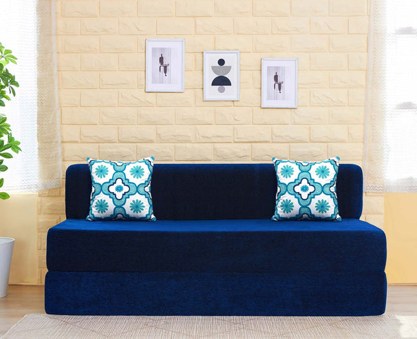 Chenille Sofa Bed, Dotted Blue | 5 x 6.5, Three Seater | 2 Blue Quartet Cushions