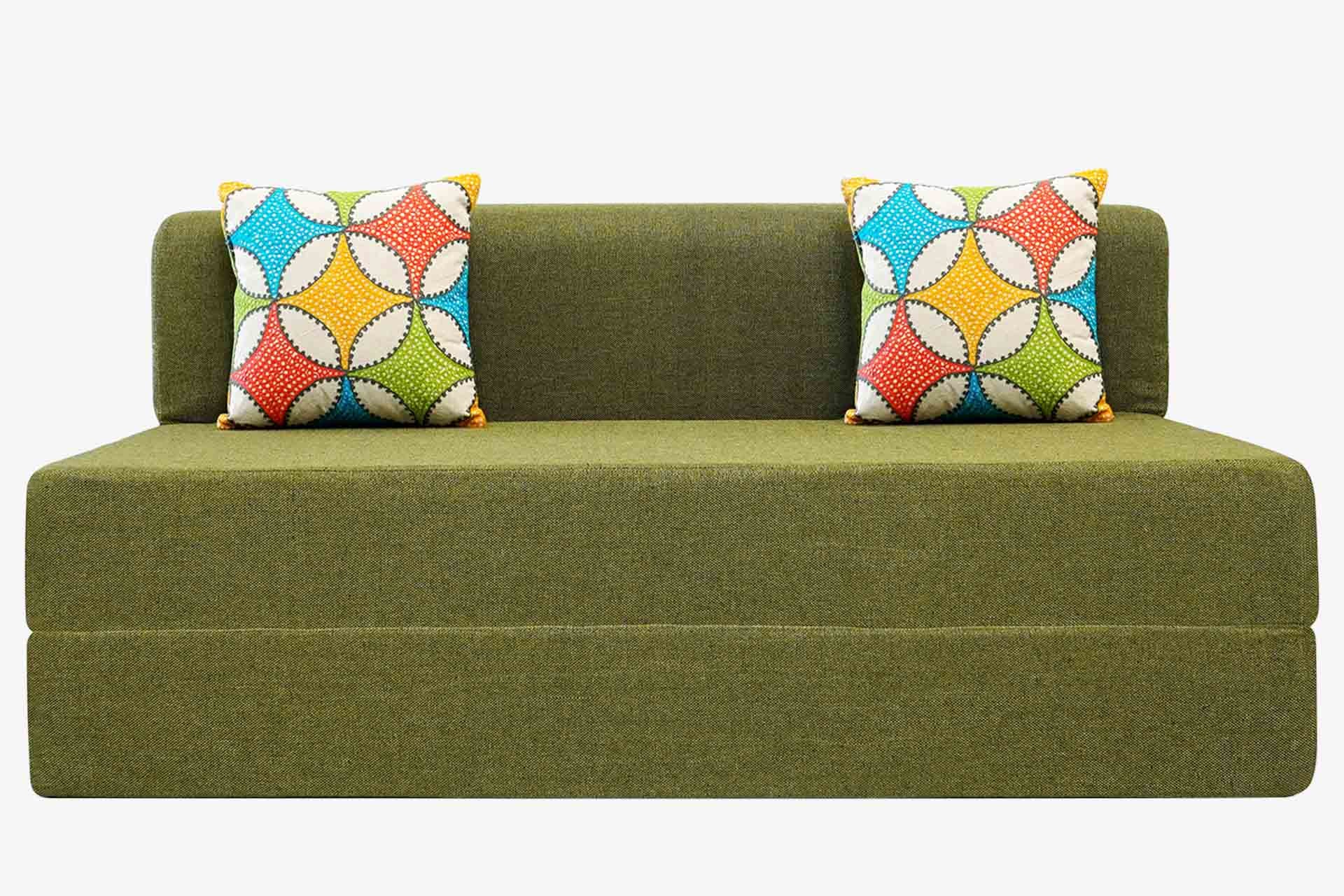 Jute Sofa Bed, Olive Green | 5 x 6, Three Seater | 2 Jharokha Cushion