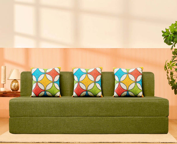 Jute Jumbo Sofa Bed, Olive Green | 6.5 x 6.5, Three Seater | 3 Jharokha Cushions