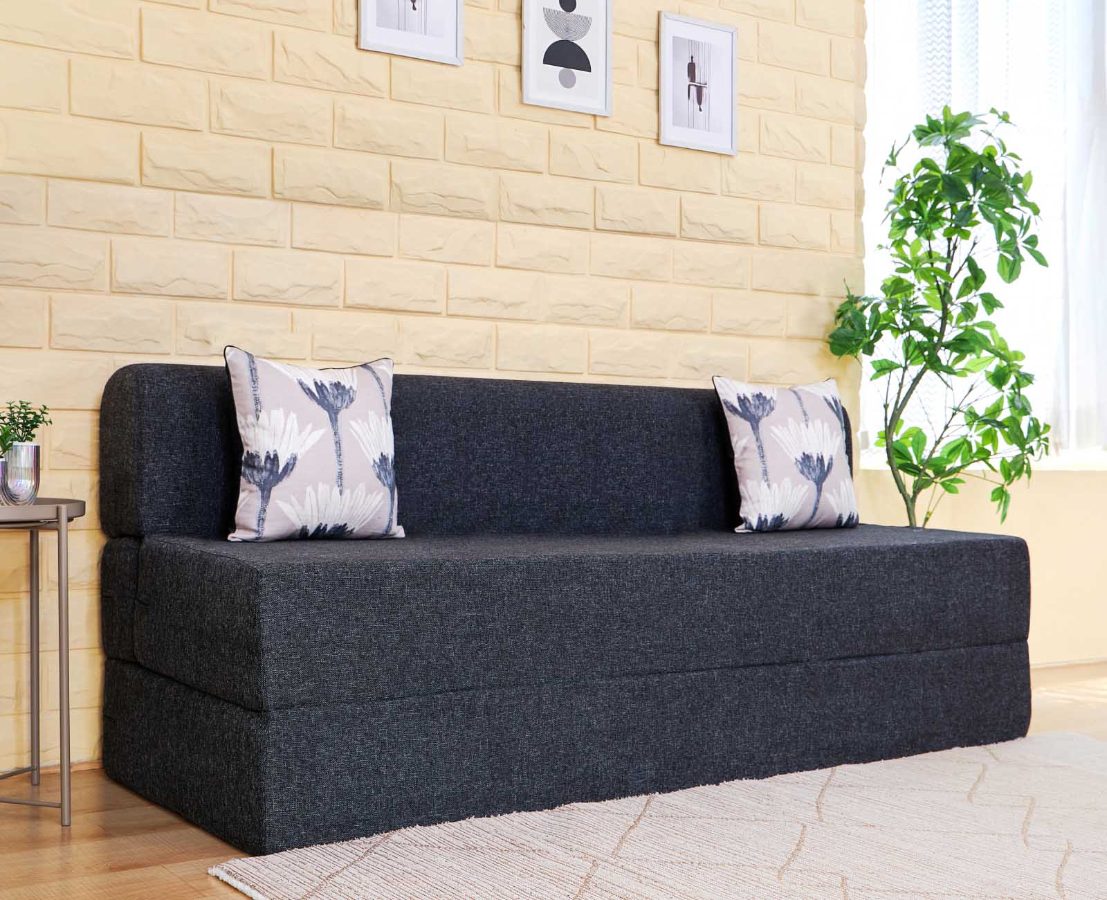 Jute Jumbo Sofa Bed, Dark Grey | 6.5 x 6.5, Three Seater | 2 Bloom Cushions