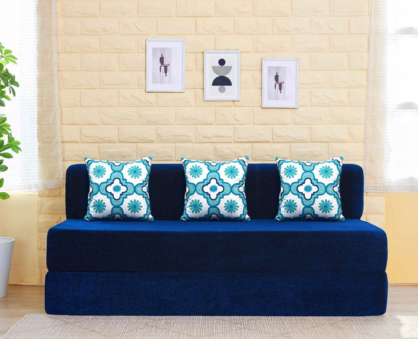 Chenille Jumbo Sofa Bed, Dotted Blue | 6.5 x 6.5, Three Seater | 3 Blue Quartet Cushions