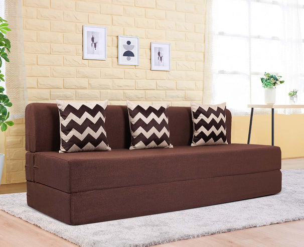 Jute Jumbo Sofa Bed, Malt Brown | 6.5 x 6.5, Three Seater | 3 Beige ZigZag Cushions