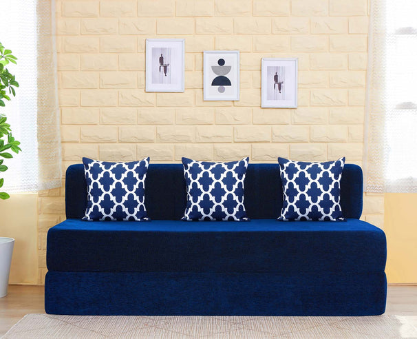 Chenille Jumbo Sofa Bed, Dotted Blue | 6.5 x 6.5, Three Seater | 3 Semicircle Cushions