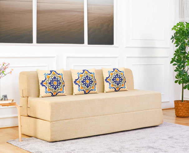 Jute Jumbo Sofa Bed, Beige | 6.5 x 6.5, Three Seater | 3 Blue Medallion Cushions