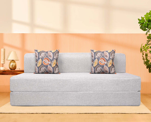 Jute Sofa Bed, Silver | 6 x 6, Three Seater | 2 Fallen Leaves Cushions