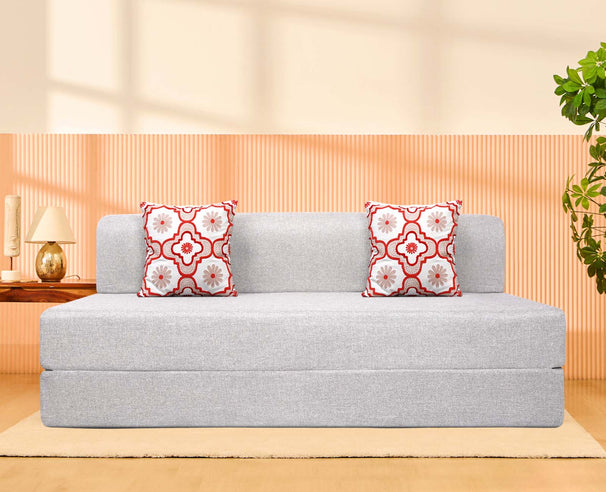 Jute Sofa Bed, Silver | 6 x 6, Three Seater | 2 Red Quartet Cushions