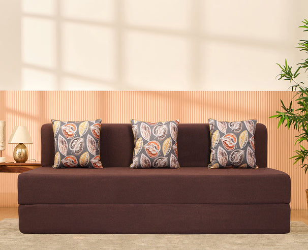 Jute Sofa Bed, Malt Brown | 6 x 6, Three Seater | 3 Fallen Leaves Cushions