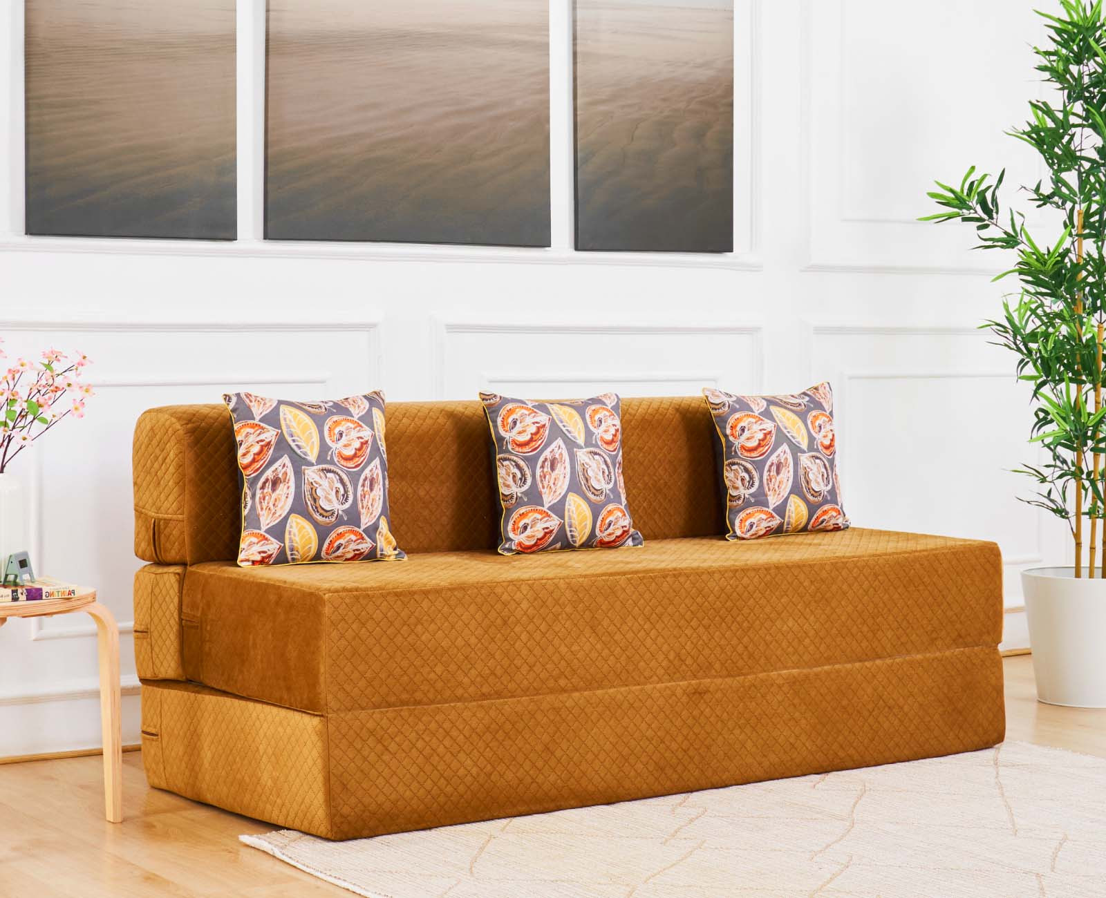 Quilted Molfino Sofa Bed, Molted Caramel| 6 x 6, Three Seater | Fall Leaves