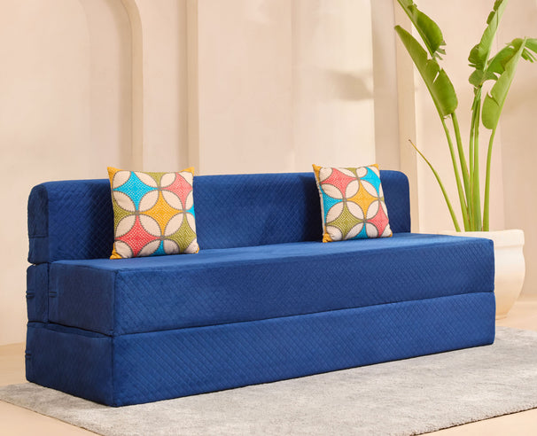 Uberlyfe Premium 6'x6' Sofa cum Bed | Deep Blue, Laser Quilted Velvet | 2 Jharokha Cushions