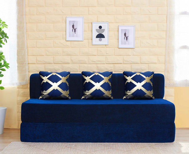 Chenille Sofa Bed, Dotted Blue | 6 x 6, Three Seater | 3 Golden Edge Cushions