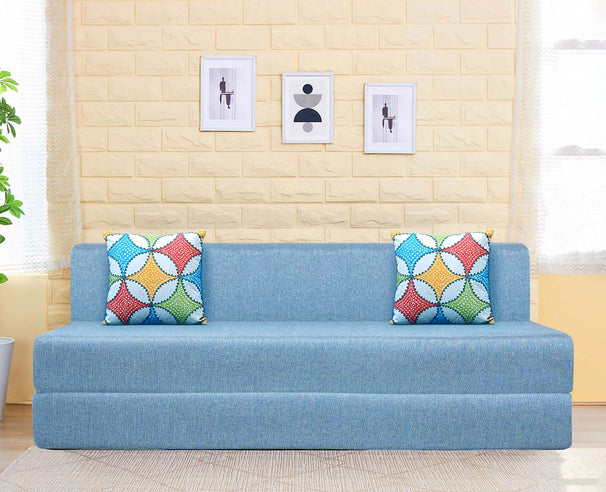 Jute Sofa Bed, Aqua Blue | 6 x 6.5, Three Seater | 2 Jharokha Cushions