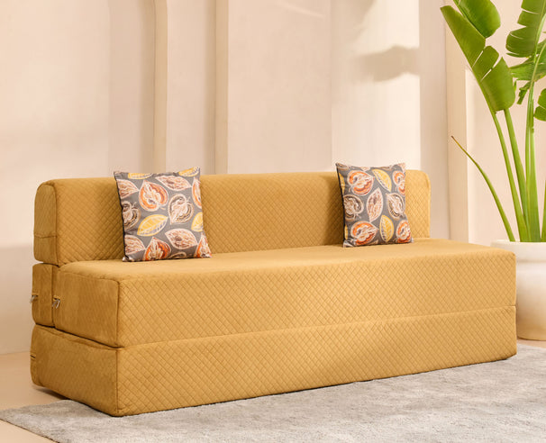 Uberlyfe Premium 6'x6' Sofa cum Bed | Molten Caramel, Laser Quilted Velvet | 2 Fall Leave Cushions