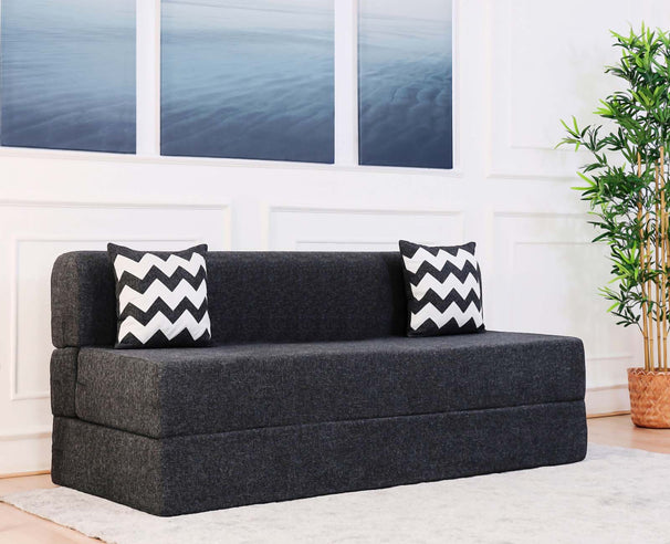 Jute Sofa Bed, Dark Grey | 6 x 6, Three Seater | 2 ZigZag Cushions