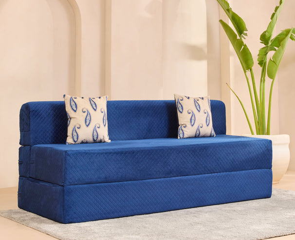 Uberlyfe Premium 6'x6' Sofa cum Bed | Deep Blue, Laser Quilted Velvet | 2 Paisley Cushions