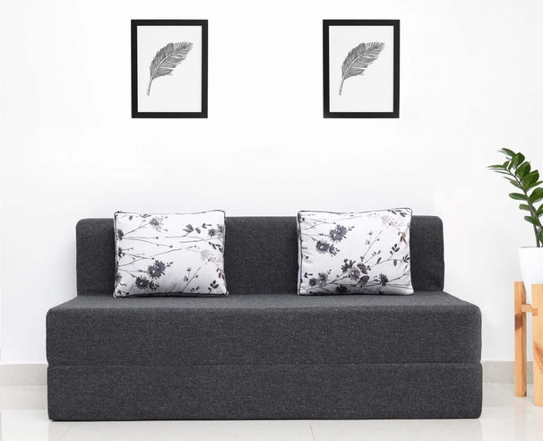 Jute Sofa Bed, Dark Grey | 6 x 6, Three Seater | 2 Baby Breathe Cushions