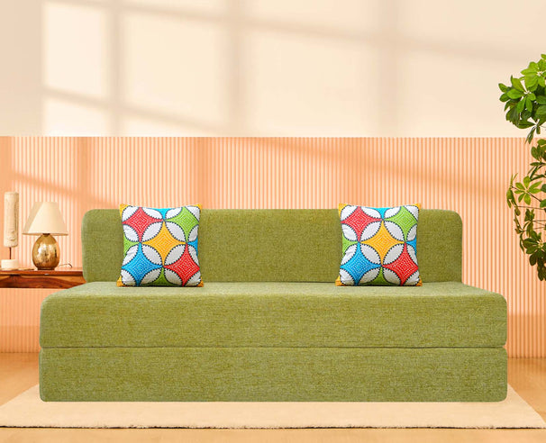 Molfino Sofa Bed, Green | 6 x 6, Three Seater | 2 Jharokha Cushions