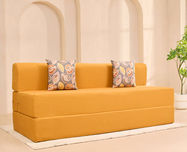 Uberlyfe 6'x6' Sofa cum Bed | Mango Yellow, Cotton | 2 Fall Leave Cushions