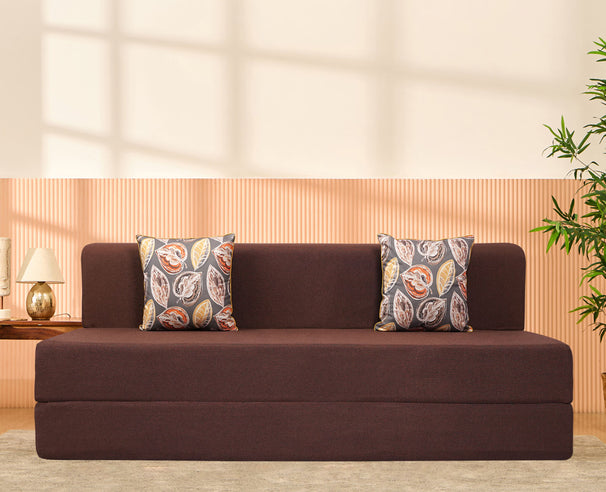 Jute Sofa Bed, Malt Brown | 6 x 6, Three Seater | 2 Fall Leaves Cushions