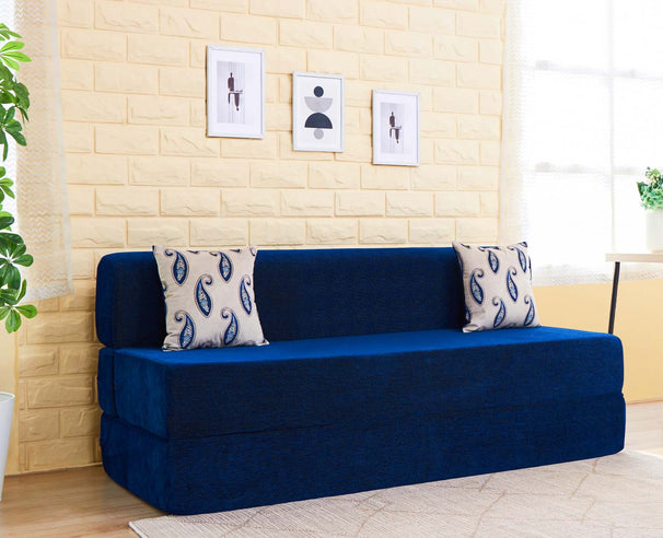 Chenille Sofa Bed, Dotted Blue | 6 x 6, Three Seater | 2 Paisley Cushions