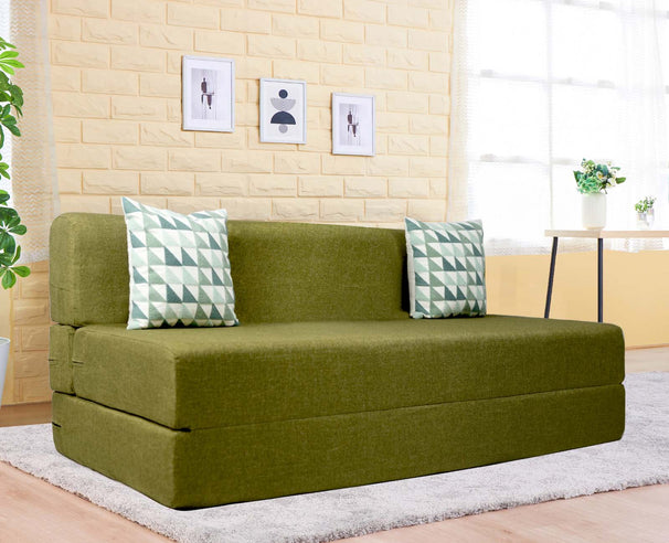 Jute Sofa Bed, Olive Green | 6 x 6, Three Seater | 2 Green Triangle Cushions