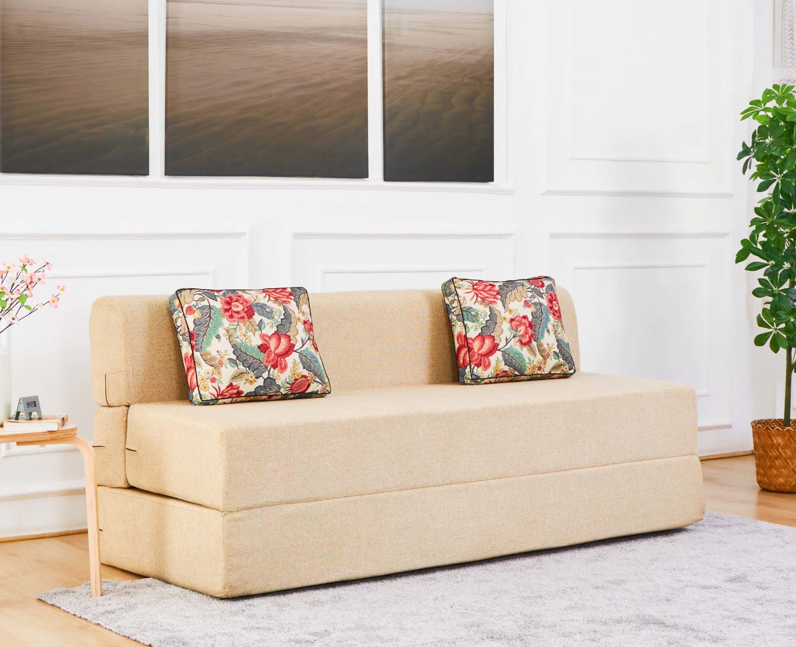 Jute Sofa Bed, Beige | 6 x 6, Three Seater | 2 Floral Symphony Cushions