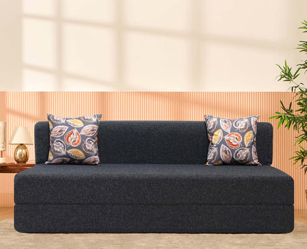 Jute Sofa Bed, Dark Grey | 6 x 6.5, Three Seater | 2 Fallen Leaves Cushions