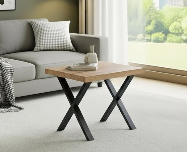 Uberlyfe Coffee Table, Ashen Wood Finish, Metal Legs, Small X Side