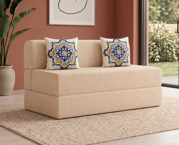 Jute Sofa Bed, Beige | 4 x 6, Double Seater | 2 Blue Medallion Cushions
