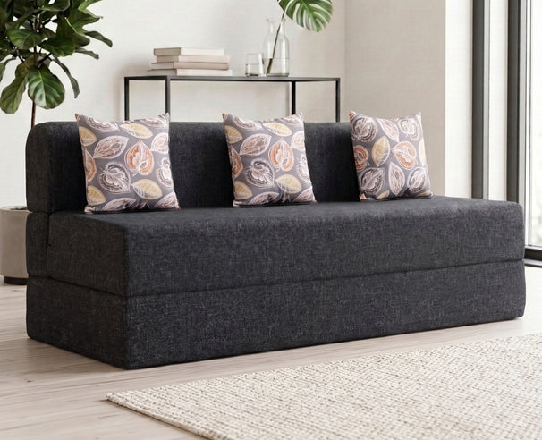 Jute Sofa Bed, Dark Grey | 6 x 6, Three Seater | 3 Fallen Leaves Cushions