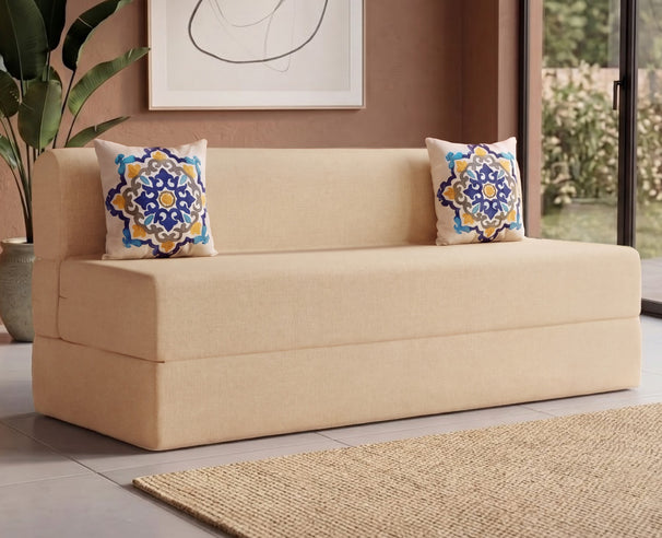 Jute Sofa Bed, Beige | 6 x 6, Three Seater | 2 Blue Medallion Cushions