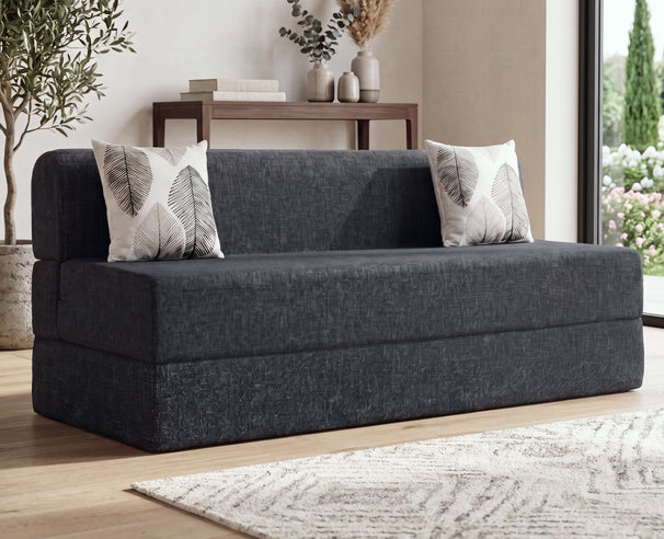 Jute Sofa Bed, Dark Grey | 6 x 6, Three Seater | 2 Thread Bare Cushions