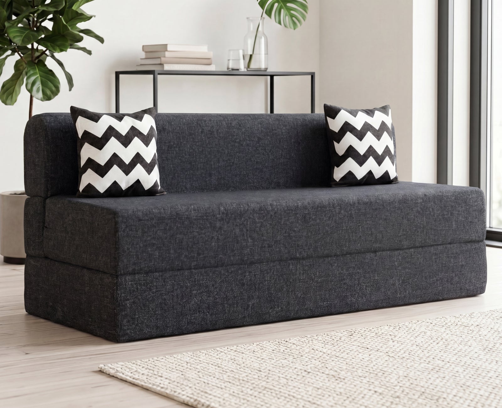 Jute Sofa Bed, Dark Grey | 6 x 6.5, Three Seater | 2 ZigZag Cushions