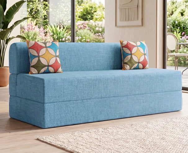 Jute Sofa Bed, Aqua Blue | 6 x 6, Three Seater | 2 Jharokha Cushions