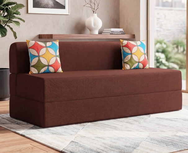 Jute Sofa Bed, Malt Brown | 6 x 6, Three Seater | 2 Jharokha Cushions