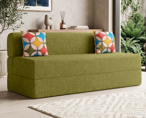 Jute Sofa Bed, Olive Green | 6 x 6, Three Seater | 2 Jharokha Cushions