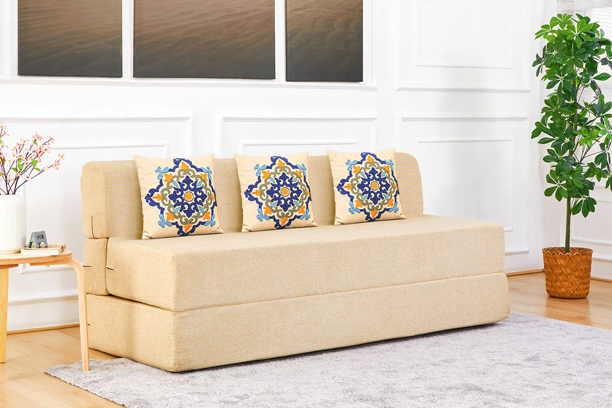 Jute Jumbo Sofa Bed, Beige | 6.5 x 6.5, Three Seater | 3 Blue Medallion Cushions