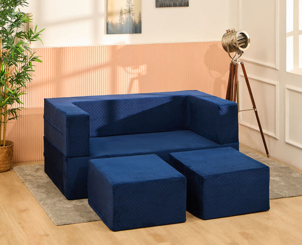 Uberlyfe Flipster Sofa cum Bed with Detachable Ottomans | Blue in Plush Laser Quilted Fabric | Queen Size