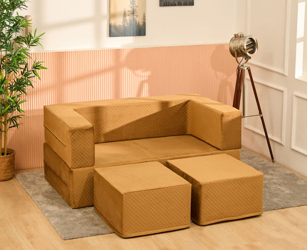 Uberlyfe Flipster Sofa cum Bed with Detachable Ottomans | Molten Caramel in Plush Laser Quilted Fabric | Queen Size