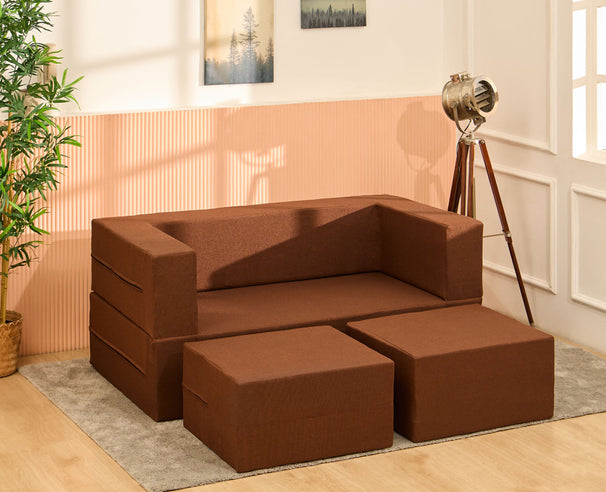Uberlyfe Flipster Sofa cum Bed with Detachable Ottomans | Malt Brown Jute Polyester Fabric | Queen Size