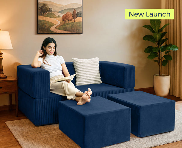 Uberlyfe Flipster Sofa Bed in Navy Blue Velvet | Channel Pattern