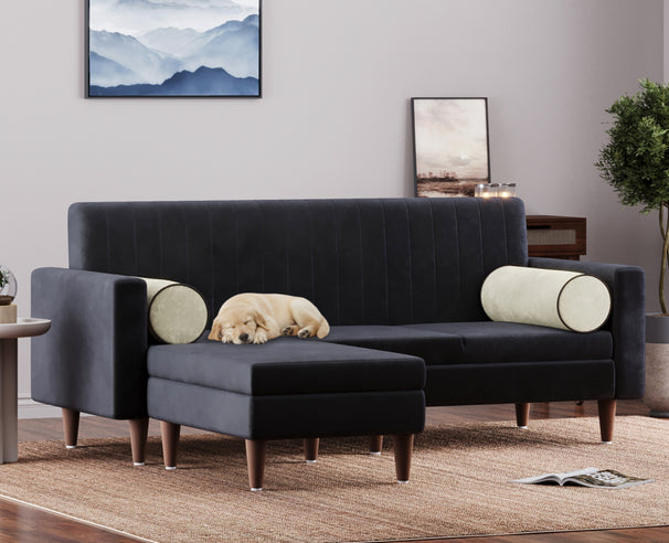 Austin - L shape Neem Wood Sofa in Stain&Water Resistant Velvet - Charcoal Grey