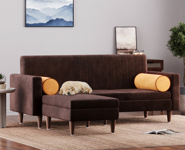 Austin - L shape Neem Wood Sofa in Stain&Water Resistant Velvet - Chocolate Brown